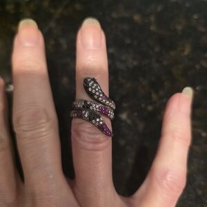 Solid 925 Silver Snake Ring With White/Black/Pink Stones Size 7